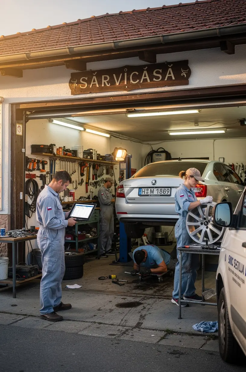 Technik kontrolujúci podvozok staršieho automobilu v dielni bez nutnosti značkového servisu.